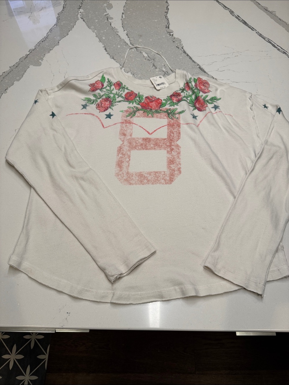 We The Free - Free People Cream Long Sleeve Tee with Pink Number & Rose Floral